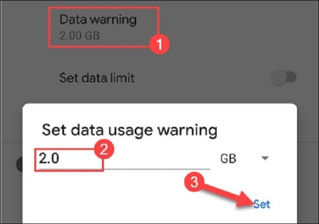 Đặt Set Data Usage Warning và đưa ra mức cảnh báo dữ liệu cho máy
